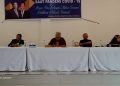 Balon Wakil Bupati Samosir, Raun Sitangang.Moderator Efendi Naibaho,ketua Tim pemenangan,Pahala Tua Simbolon,ketua DPC PKB Samosir,Nasib Simbolon,dan ketua DPC Golkar Rosinta Sitanggang,lieder /Donatour penyampaian Visi - Misi, Ober Gultom.(foto/Mangapar Limbong-Samosir