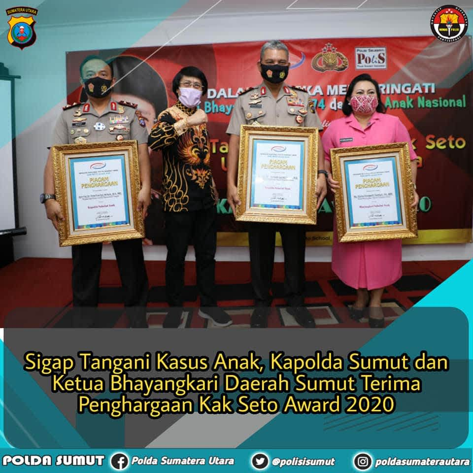 Kapolda Dan Ketua Bhayangkari Daerah Sumut Terima Penghargaan Kak Seto