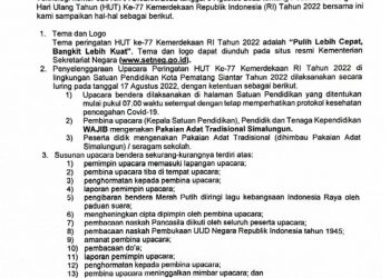 Surat edaran pedoman peringatan HUT ke-77 RI Dinas Pendidikan Kota Pematangsiantar.(f:ist/konstruktif)